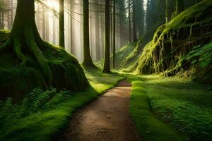 a path through a forest with trees and moss. AI-Generated photo