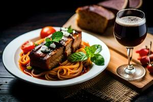 spaghetti with meat and tomato sauce on a plate. AI-Generated photo