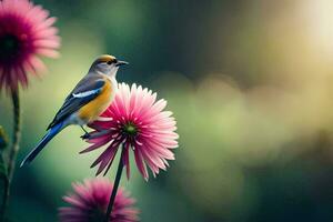 un pájaro es encaramado en parte superior de un rosado flor. generado por ai foto