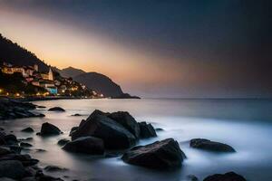 a town at dusk on the coast of italy. AI-Generated photo