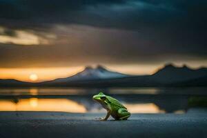 a frog sitting on the ground at sunset. AI-Generated photo
