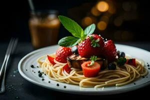a plate of spaghetti with strawberries and basil leaves. AI-Generated photo