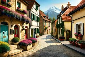 a street with colorful houses and flowers. AI-Generated photo