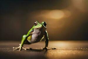 a frog is standing on a wooden floor. AI-Generated photo