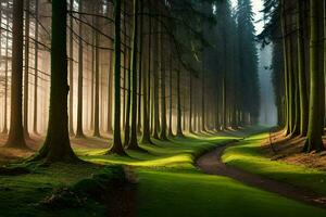 a path through a forest with trees and grass. AI-Generated photo