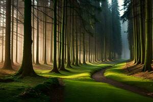 un camino mediante un bosque con arboles y césped. generado por ai foto