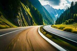 un la carretera en el montañas con arboles y montañas en el antecedentes. generado por ai foto