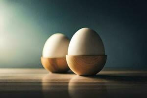 two eggs in wooden egg cups on a table. AI-Generated photo