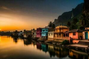 the sun sets over a river in india. AI-Generated photo