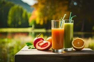 dos lentes de jugo con Fruta y vegetales en un mesa. generado por ai foto