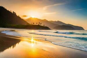 the sun rises over the ocean and mountains in this beautiful beach scene. AI-Generated photo