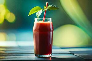 un vaso de rojo jugo con un paja. generado por ai foto