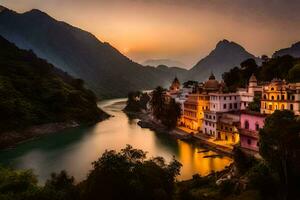 el ciudad de rishikesh, India. generado por ai foto