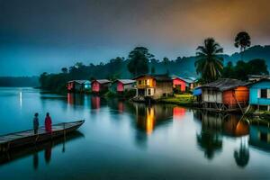 a boat is tied to a dock in front of a village. AI-Generated photo
