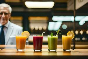 a man in a suit is standing in front of a row of juice glasses. AI-Generated photo