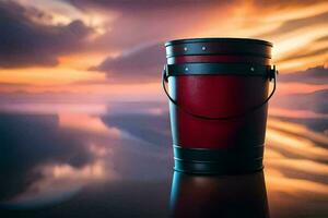 a red bucket sitting on the water with a sunset in the background. AI-Generated photo