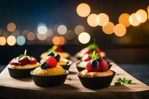 small cupcakes with berries and cream on a wooden board. AI-Generated photo