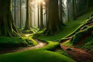 un camino mediante un bosque con arboles y musgo. generado por ai foto