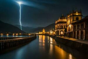lightning strikes over a river in the middle of a town. AI-Generated photo