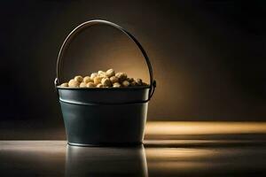 a bucket of peanuts on a table. AI-Generated photo