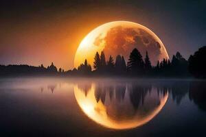 the moon is reflected in the water as it rises over a forest. AI-Generated photo
