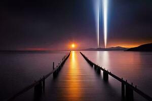 a long pier with two beams of light shining over it. AI-Generated photo