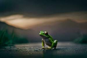 a frog sitting on the ground in front of a dark sky. AI-Generated photo