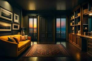 a living room with a couch, bookshelf and a window. AI-Generated photo