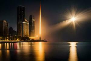 the moon is shining over a city skyline at night. AI-Generated photo