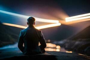 a man sitting on a rock in front of a river at night. AI-Generated photo