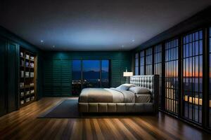 a bedroom with a view of the city at night. AI-Generated photo