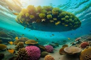 an underwater scene with colorful corals and fish. AI-Generated photo