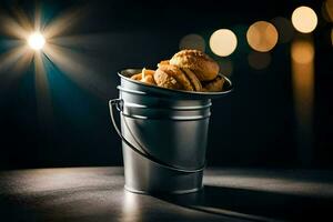 a bucket filled with doughnuts on a table. AI-Generated photo