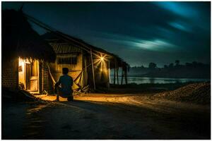 a man stands outside of a hut at night. AI-Generated photo