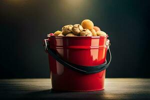 a red bucket filled with nuts on a table. AI-Generated photo