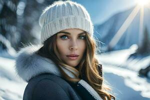 a beautiful woman in a winter hat and coat. AI-Generated photo