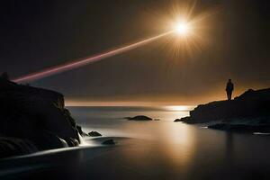 un hombre en pie en un rock a el borde de el Oceano con un brillante ligero brillante encima a él. generado por ai foto