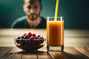 a man is sitting in front of a bowl of fruit and a glass of juice. AI-Generated photo