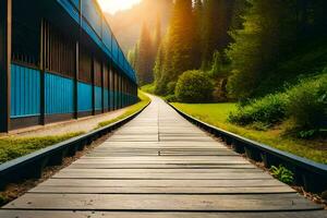 a wooden walkway leads to a building in the middle of a green field. AI-Generated photo