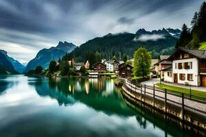 un lago y un montaña pueblo en el Alpes. generado por ai foto