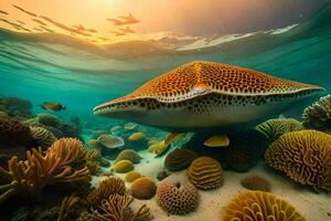 a stingray swims in the ocean with coral reefs. AI-Generated photo