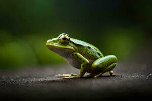 a frog is sitting on the ground with a green background. AI-Generated photo