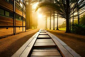 a wooden walkway leads to a building with trees. AI-Generated photo