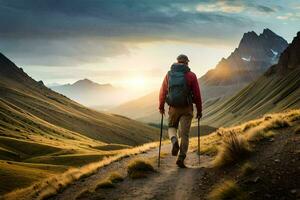 a man with a backpack and trek poles walking on a trail in the mountains. AI-Generated photo