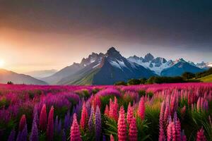 the sun sets over a field of purple flowers and mountains. AI-Generated photo