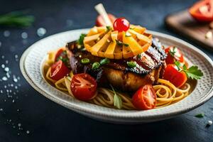 grilled pork chop with spaghetti and tomatoes. AI-Generated photo