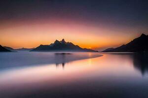 the sun rises over mountains and water. AI-Generated photo