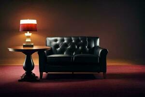 a black leather chair and table in front of a lamp. AI-Generated photo