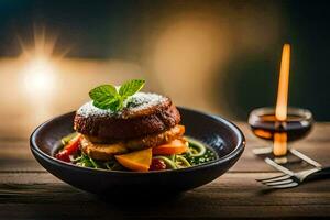 a plate with food on it and a candle. AI-Generated photo