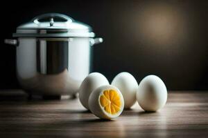 a group of hard boiled eggs sit next to a large pot. AI-Generated photo